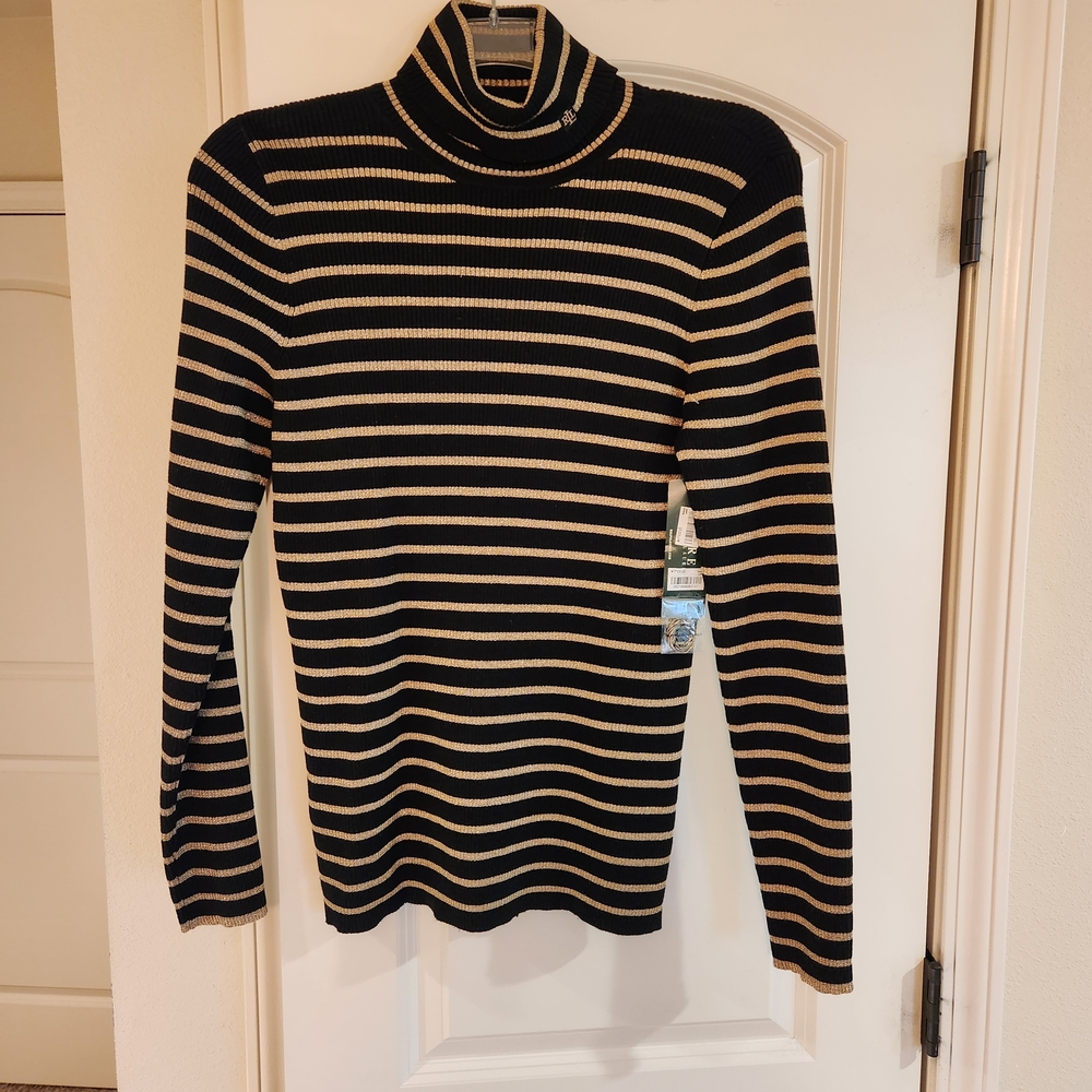 New Ralph Lauren Black and Gold Striped Turtleneck Top - Picture 6 of 6